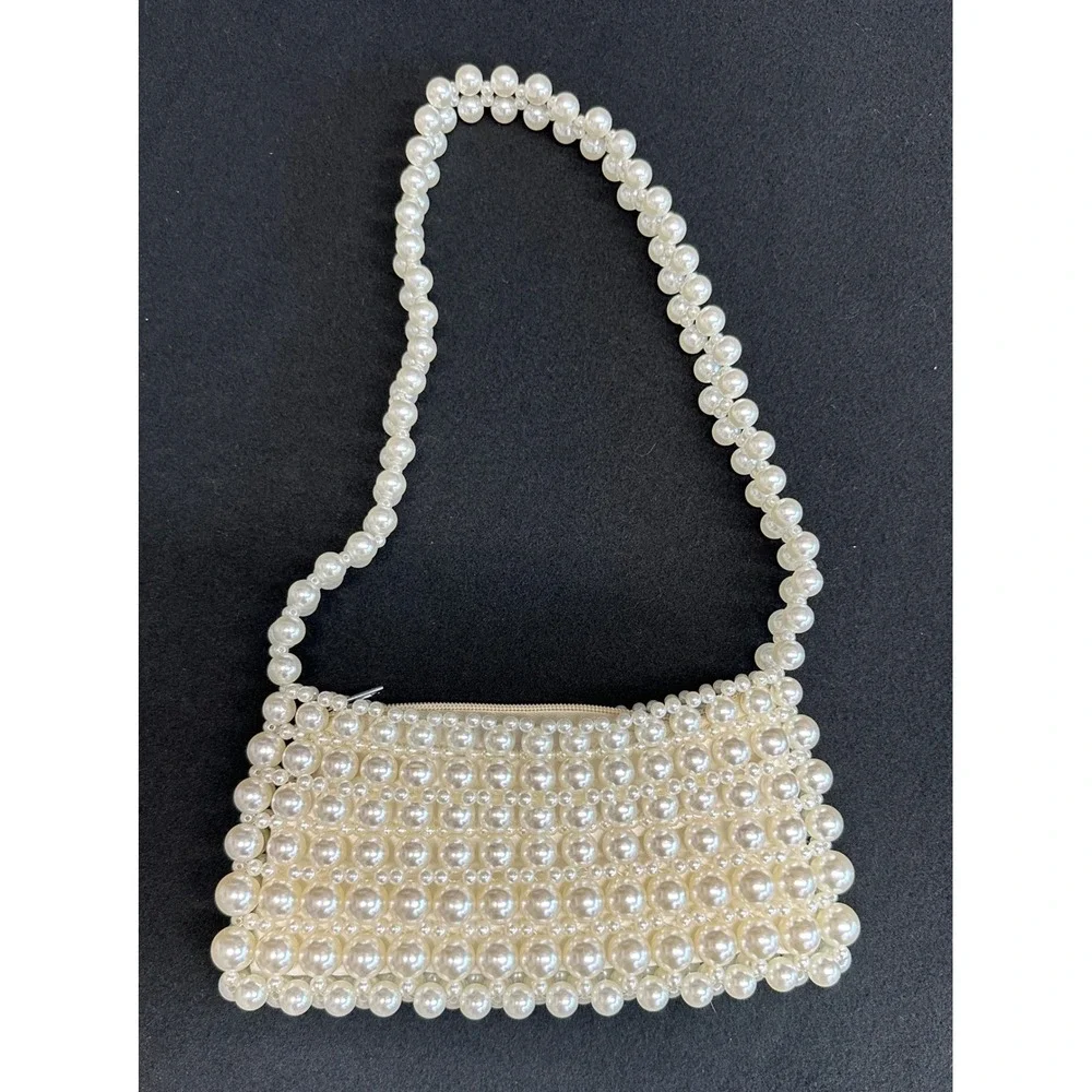 Vintage Style Ivory Faux Pearl Beaded Baguette Shoulder Bag Evening Purse